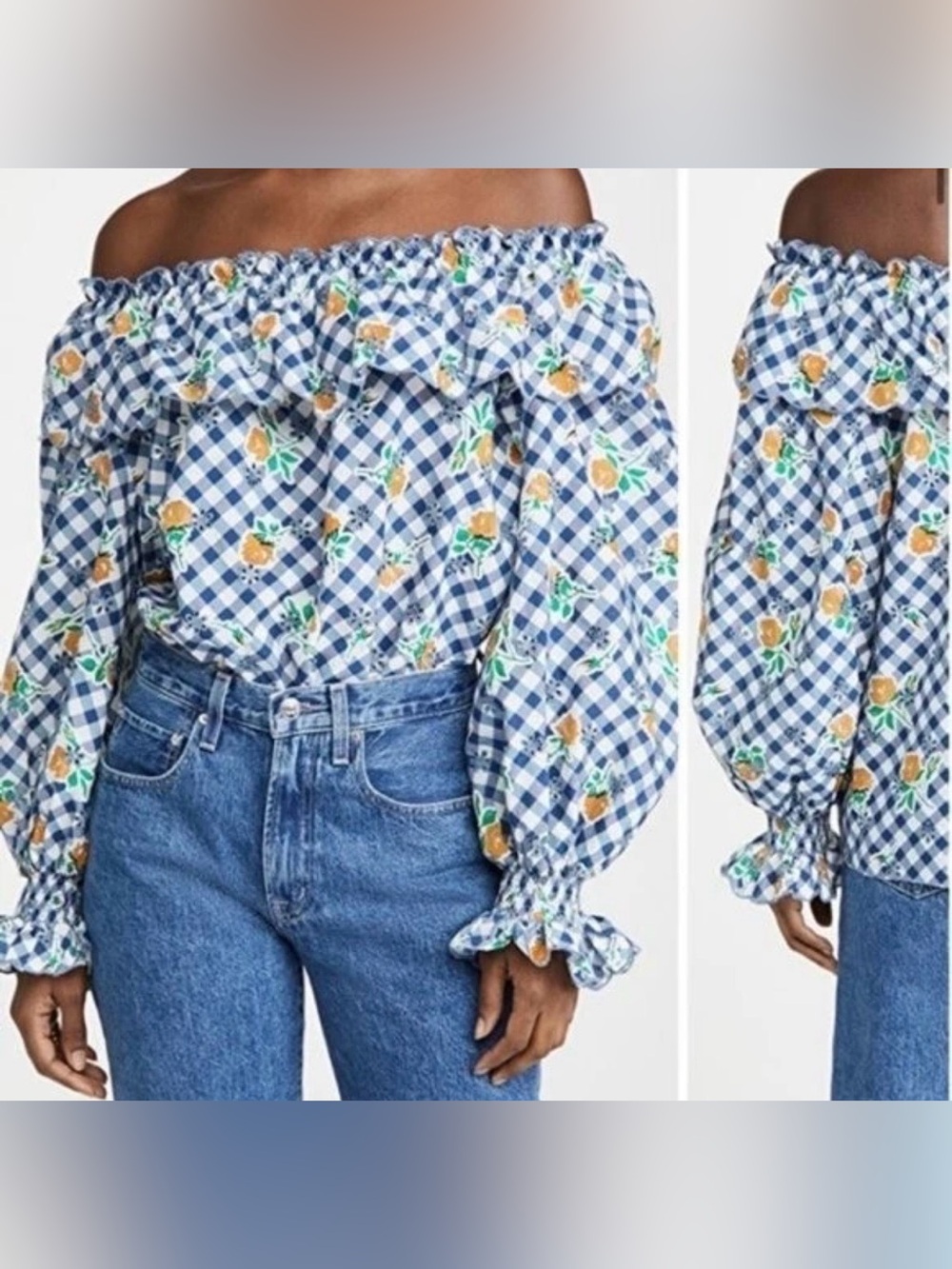 Rixo London Birdie Top Blue Gingham Off-Shoulder Floral Blouse - Picture 5 of 5